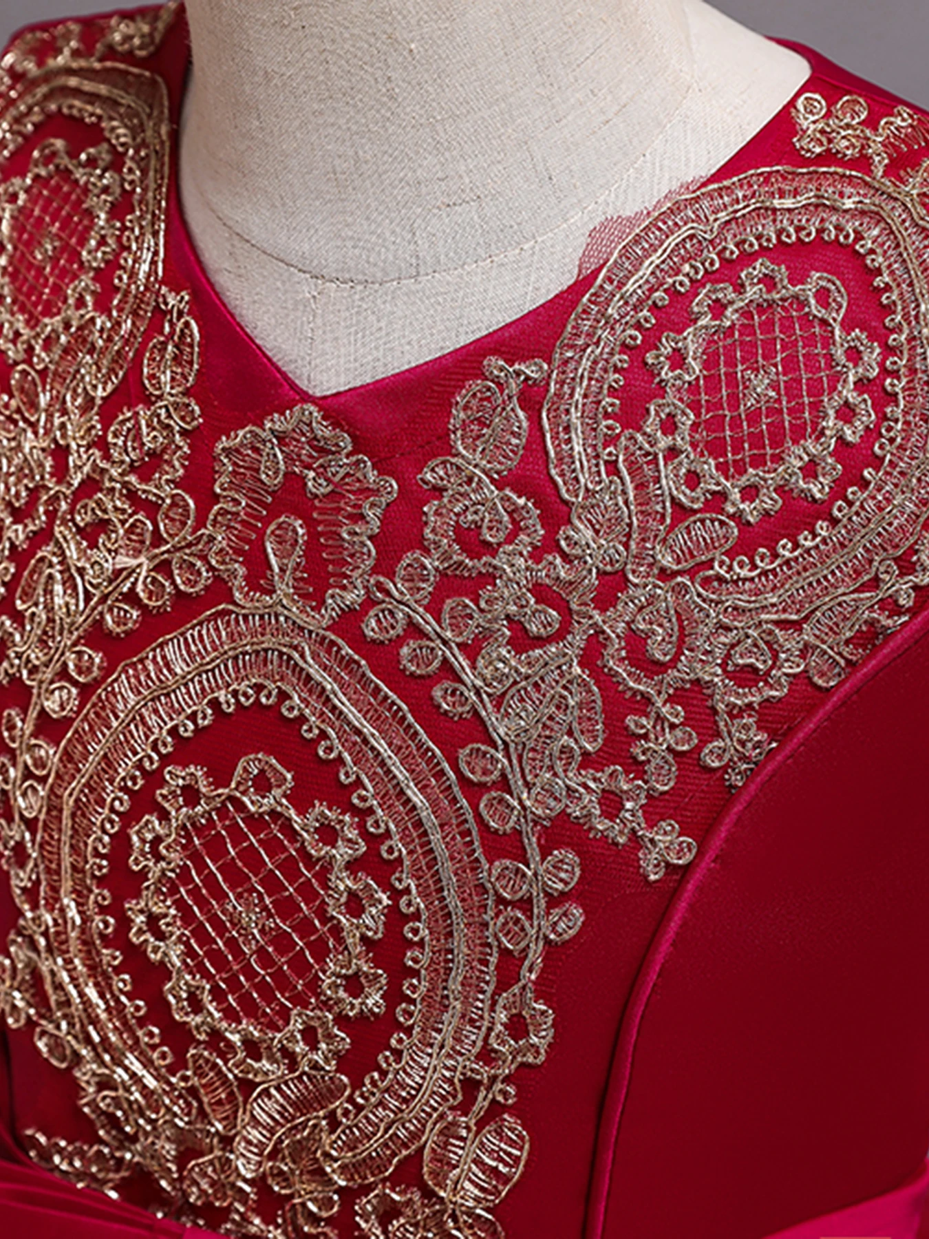Red long children embroidered princess dress LACE girl mesh fluffy piano performance costume