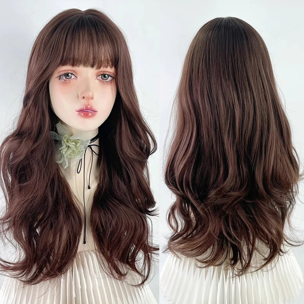 

Пушистый женский парик для косплея Лолиты, синтетический коричневый длинный волнистый термостойкий парик с челкой для повседневной вечеринки
