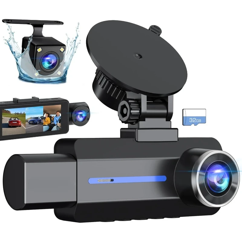 

3 Channel 2.5K Dash Cam, 1440P Dash Cam Front and Rear Inside, Dash Camera for Cars, Triple Car Camera with 32GB Card