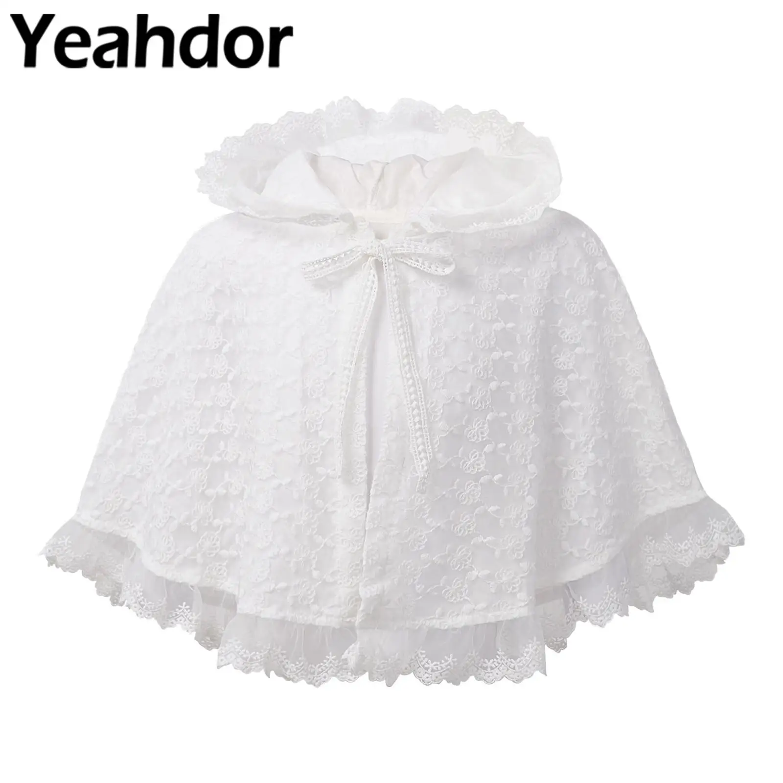 Flower Girls Bolero Shawl Princess Cape Baby Girls Hooded Cloak Floral Lace Hoodie Cape Cover Up Wedding Party Outwear Kids Wrap