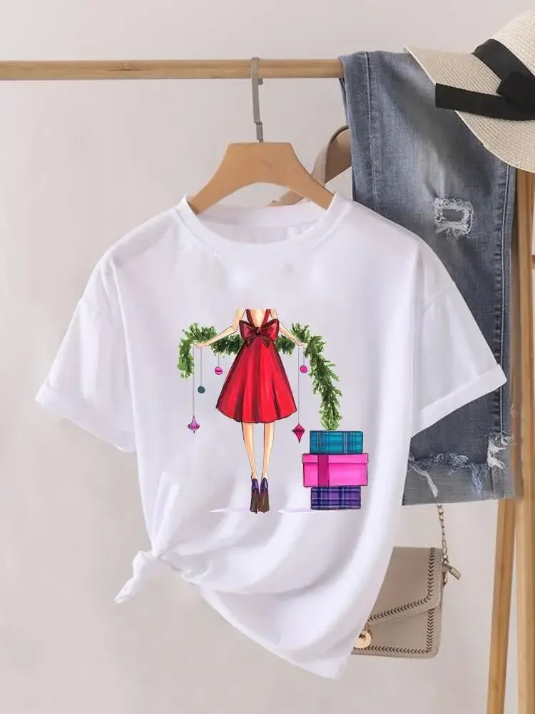 Camiseta de manga corta con estampado para mujer, ropa de Navidad, Camiseta estampada de gran tamaño