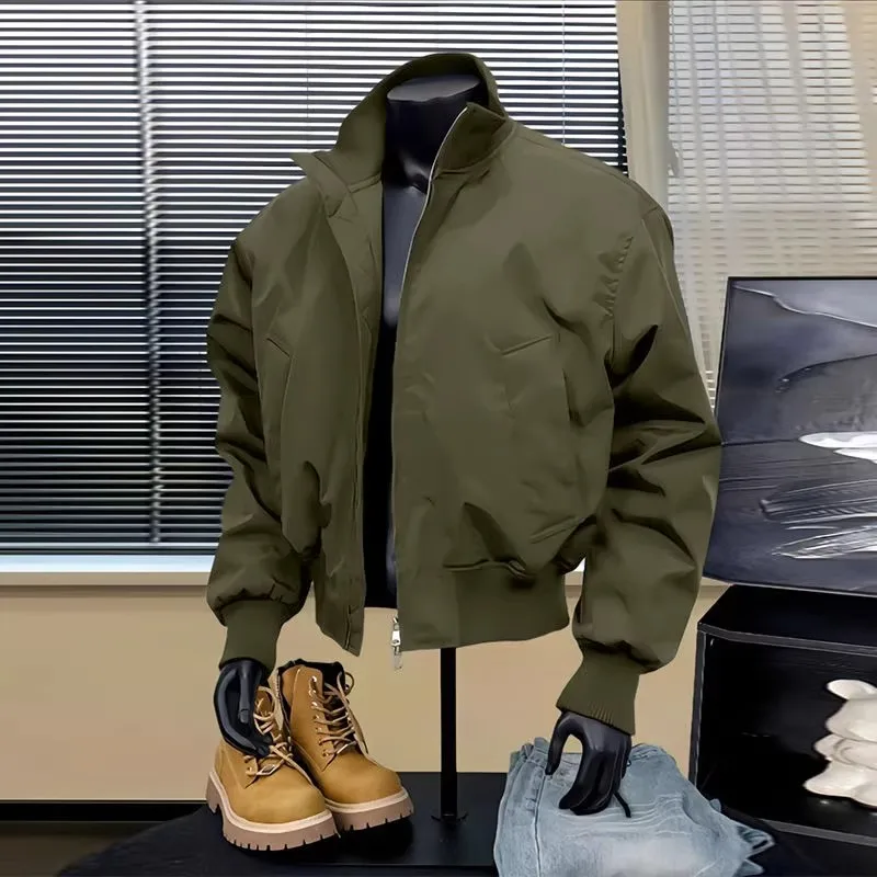 Premium Men's Casual Baseball Jacket Stand Collar Loose Fit Outerwear Windproof Zipper Closure Long Sleeve Pure Color High