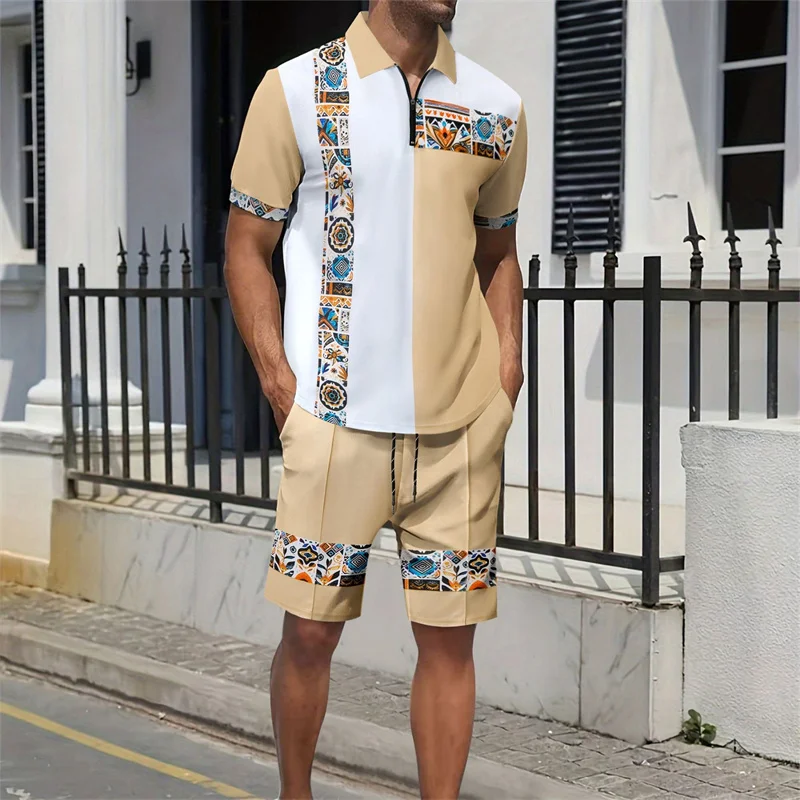 

Fun Striped Printed men's short-sleeved suit, Fashionable Zipper Polo Shirt + Shorts set, Casual Loose Shirt suit, Summer Trend