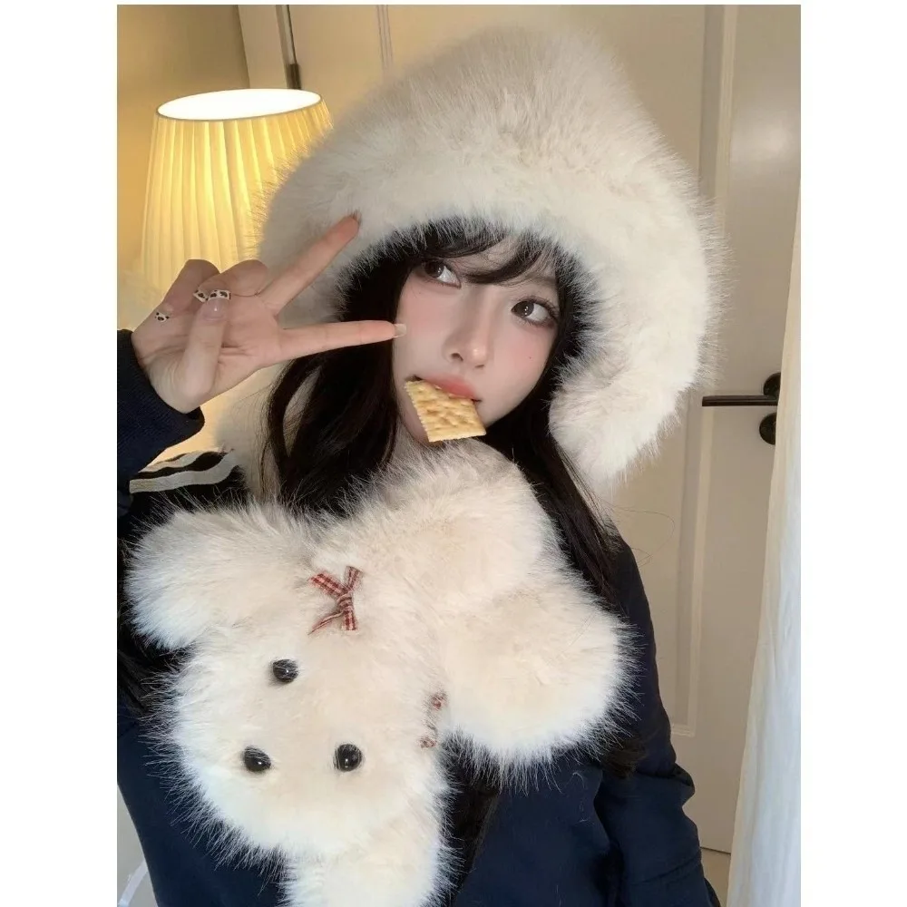 New Fluffy Fur Hat Scarf Set Warm Windproof Pullover Cap Coldproof Cute Dog Beanie Hat Outdoor Sports