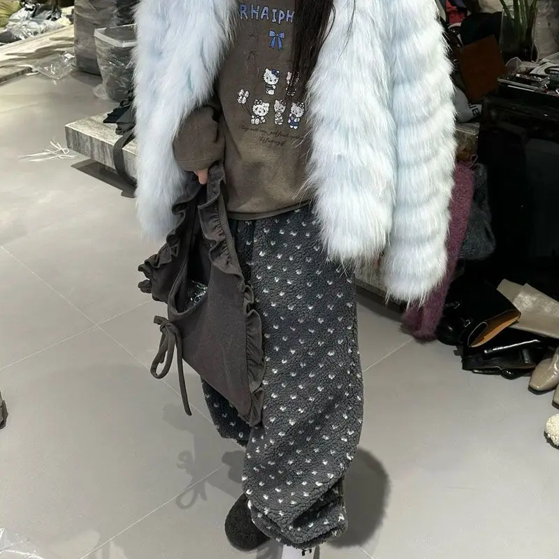 

Deeptown Gray Polka Dot Lamb Wool Pants Women Wide Leg Sports Korean Fashion Straight Fleece Trousers Baggy Casual All-match