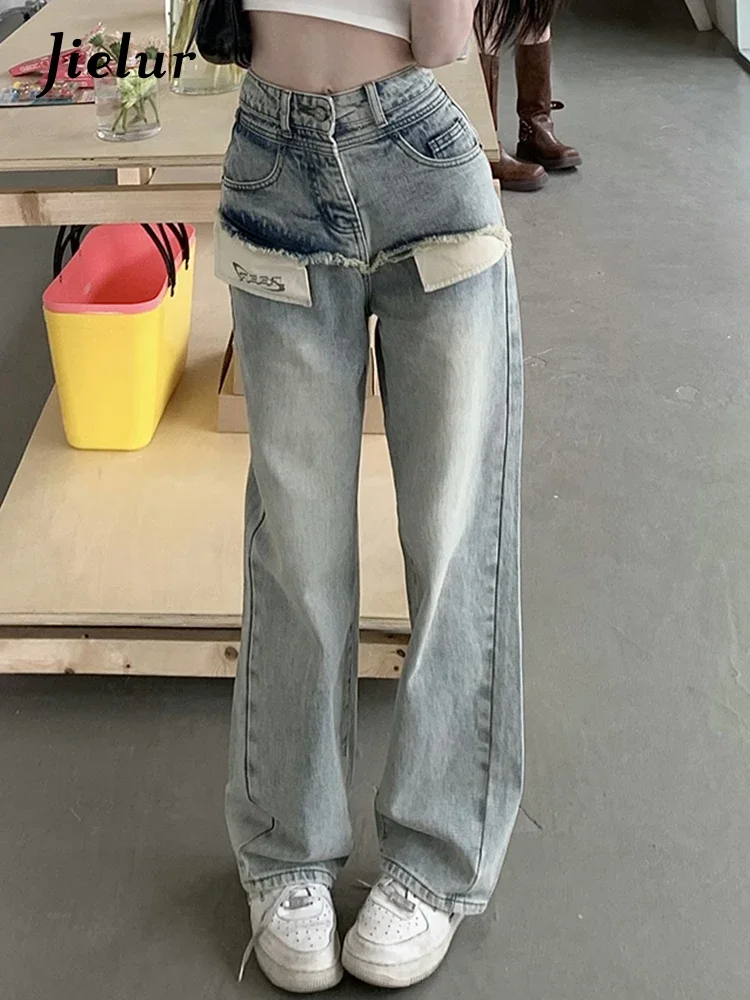 

Jielur High Street Straight Spliced Women's Jeans American Style Slim Chic Washed Loose Cotton Denim Basic Female Wide Leg Pants