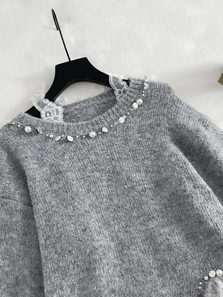 Fall Winter Women Ballet Core French Vintage Two Piece Sets Pearl Sweater Pullovers Old Money Mori Girl Slit Knitwear Designer