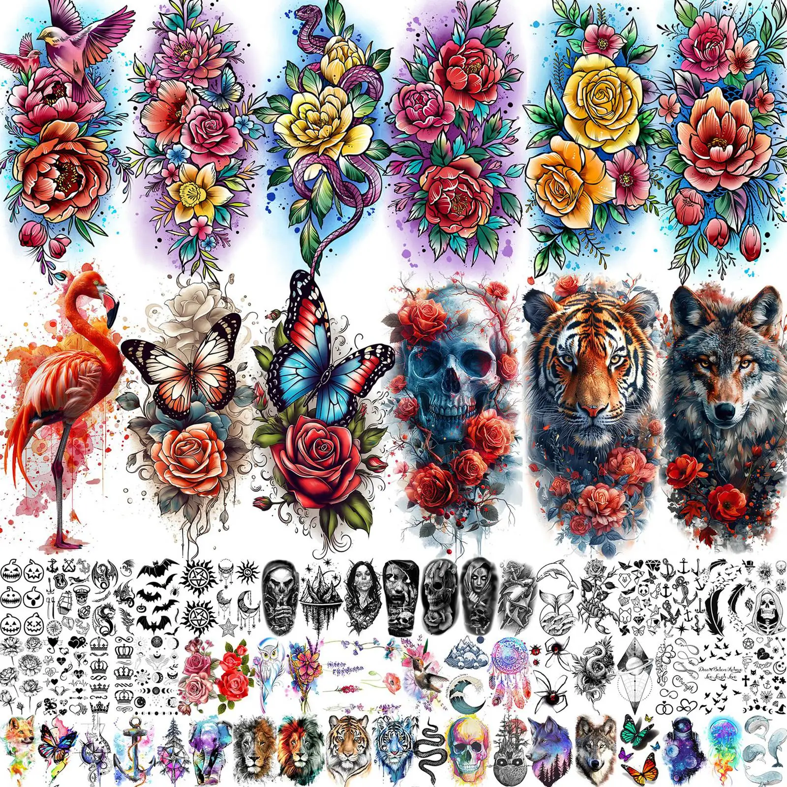 

69 Sheets Watercolor Flower Animal Temporary Tattoos Butterfly Skull Tiger Wolf Tatoos Waterproof Realistic Fake Tattoo Sticker