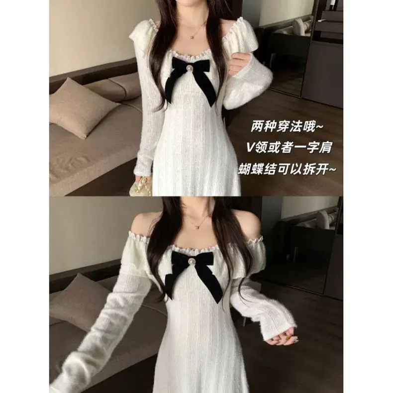 暖かさエレガントな女性の秋/冬フリース裏地付き厚みのあるスカートフレンチメイドスタイルレースドレススリムインナーロングドレスTS725