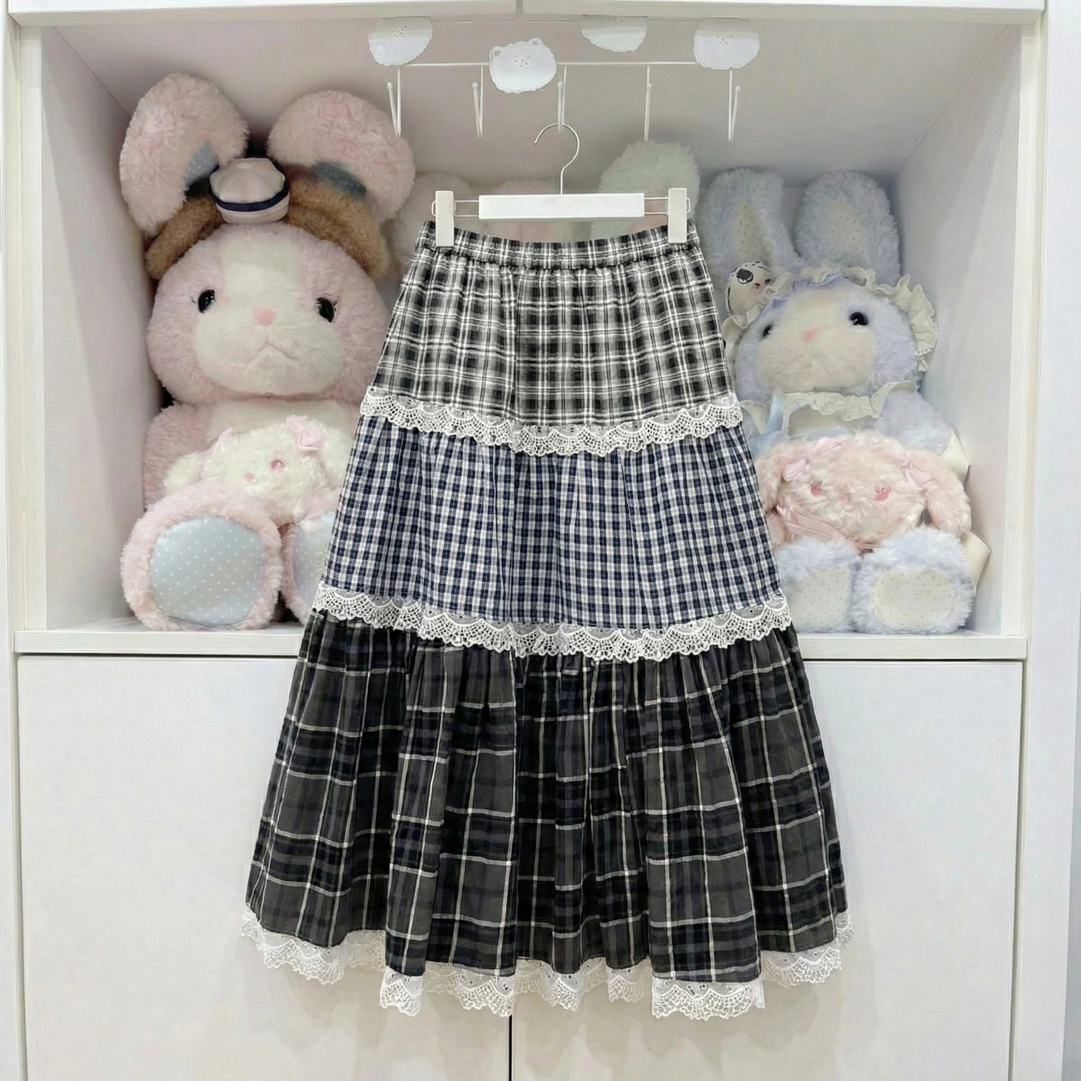 

Long Skirt for Women's Patchwork Lace Plaid Jupe 2025 Faldas Mujer High Waist Loose Saia Summer Casual Fashion Vintage Skirts