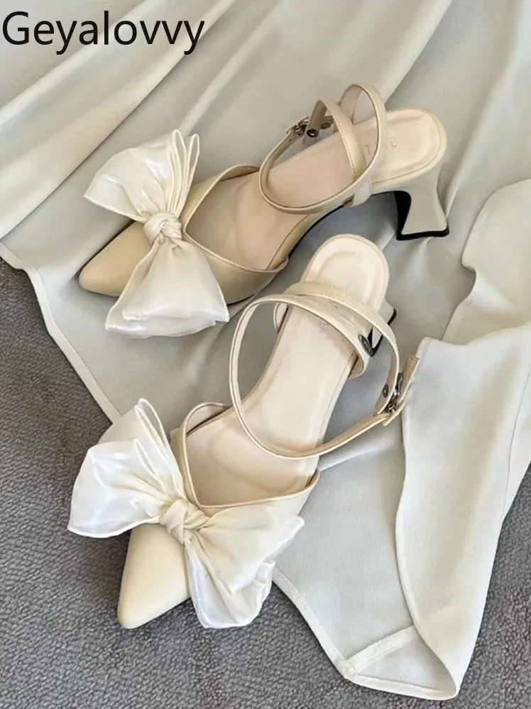 2026 Summer New Japanese Style Pointed-toe Sandals Sweet Bow High Heel Chunky Heel Ankle Strap Women's Sandals Shoes