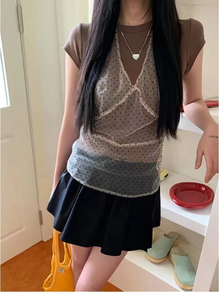 한국어 Ins 같은 레이스 웨이브 포인트 캐미솔 드레스 여성 메쉬 민소매 중간 길이 커버 드레스 여름 새로운 Y2K 소녀 매운 소녀