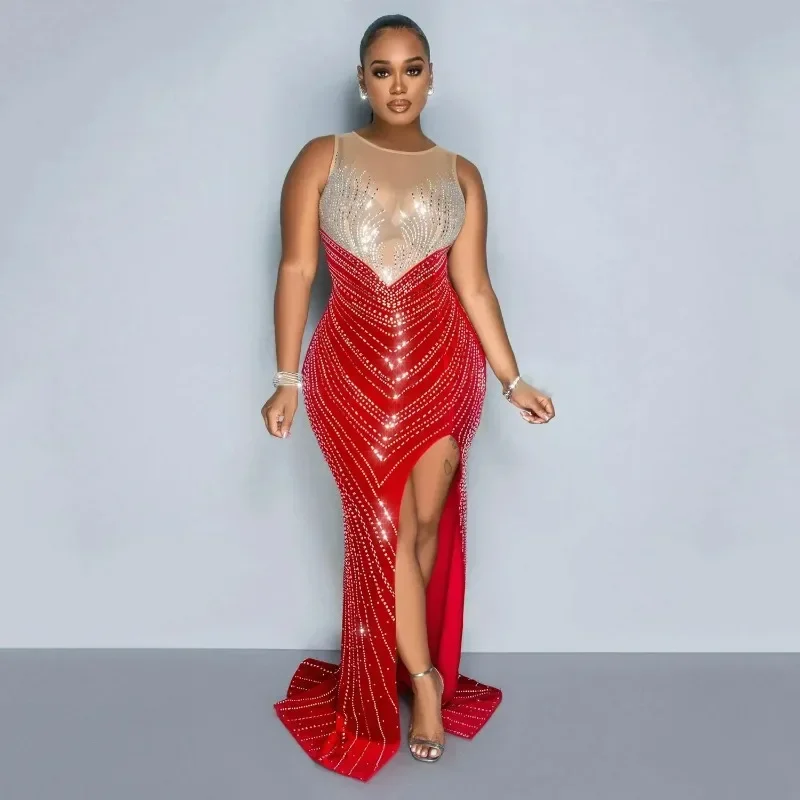 

Women O-neck Sleeveless Mesh Patchwork Diamonds Hot Rhinestones High Side Split Birthday Bodycon Midi Mermaid Maxi Dress