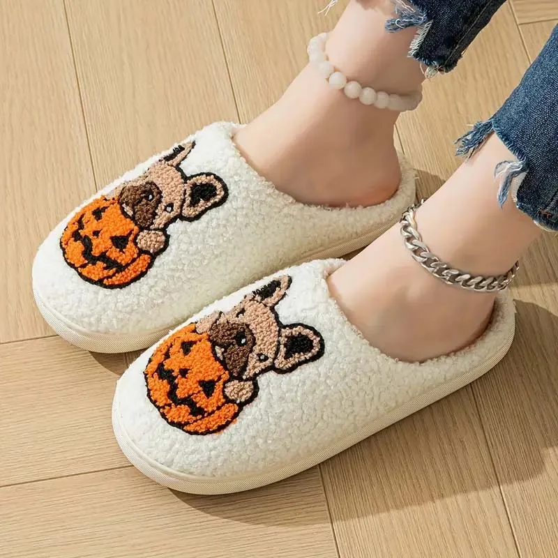 New Comfortable Halloween Pumpkin Slippers for Women, Indoor and Outdoor Pumpkin Dog Non-Slip Warm Thick Slippers