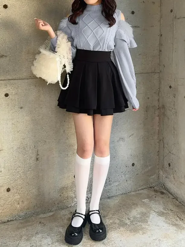 اليابانية الحلو أنيقة الياقة المدورة أفخم كشكش الربط خارج الكتف كم طويل عادية منقوشة محبوك القمم سترة المرأة الشتاء