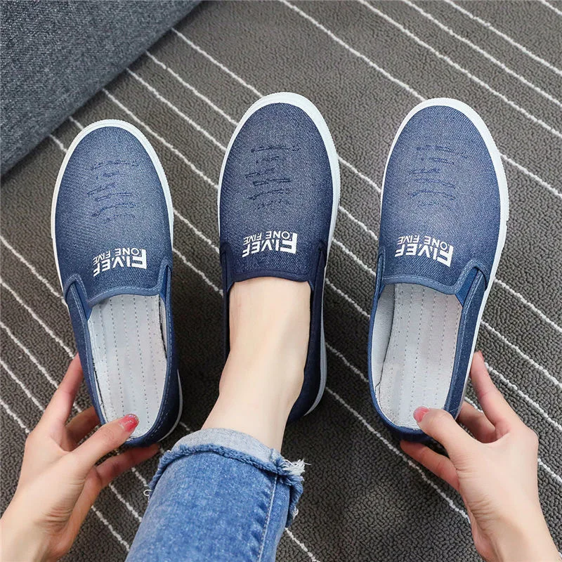 Spring Beef Tendon Thick Soled Denim Shoes for Women Old Beijing Cloth Shoes Mom Student Sneakers Lazy Canvas Shoes for Women