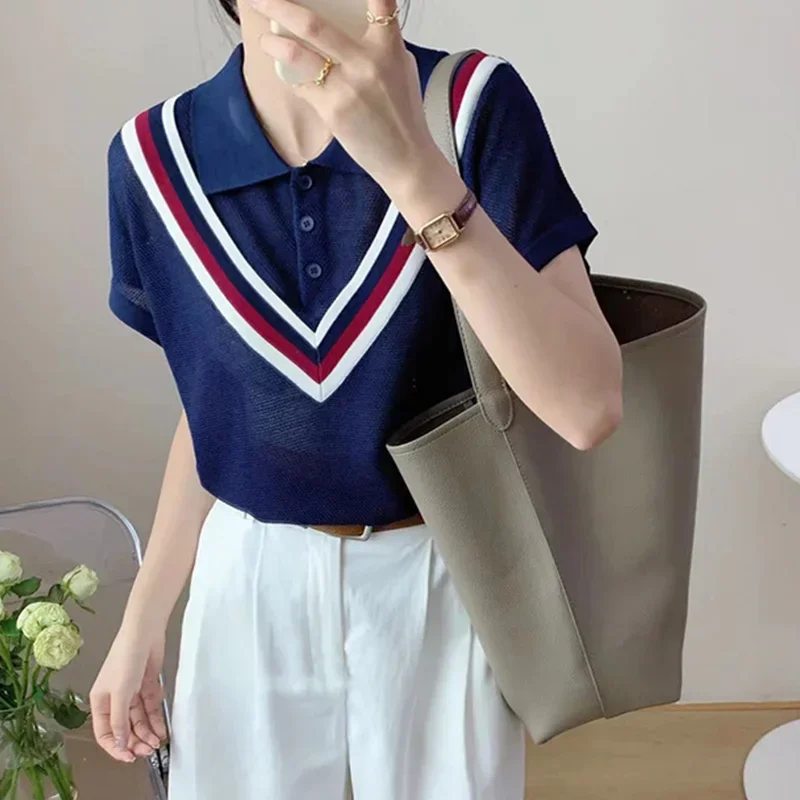 

Women's Shirt V Neck Short Sleeve Splicing Button Korean Style Chic Tops 2025 New Summer Elegant Fashion Retro Loose Office Lady