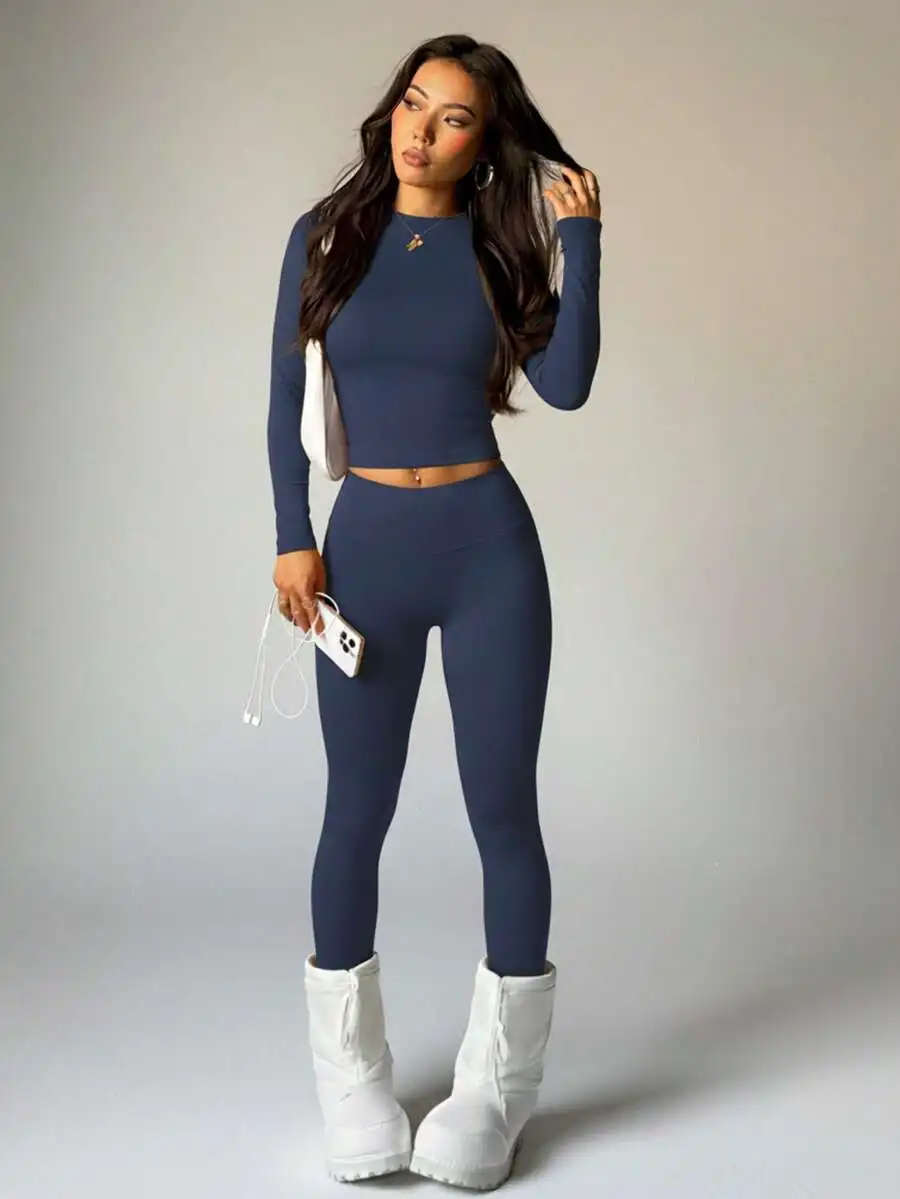 

2PCS Women Solid Color High Elastic Long Sleeve Crop Top And High Waist Legging Gym Set