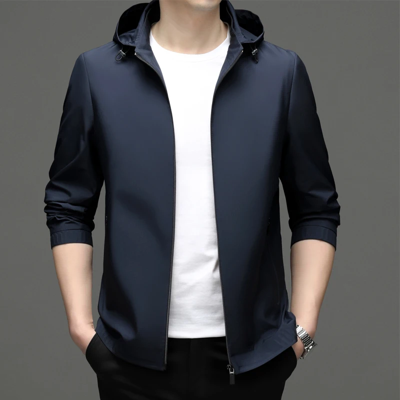 Minimalist Men's Smart Casual Hooded Jackets Navy Blue Basic Coat Hood Detachable Design Lightweight Outerwear Business Look