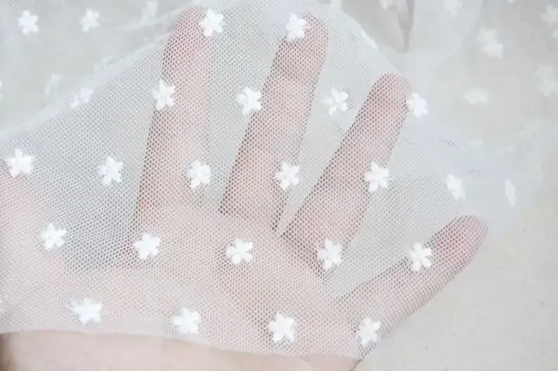 Ivory star Embroidery Lace Fabric Soft Cotton thread Embroidery   Lace Dress, Flower Girl Dress, Prom Dress or Curtains 1 yard