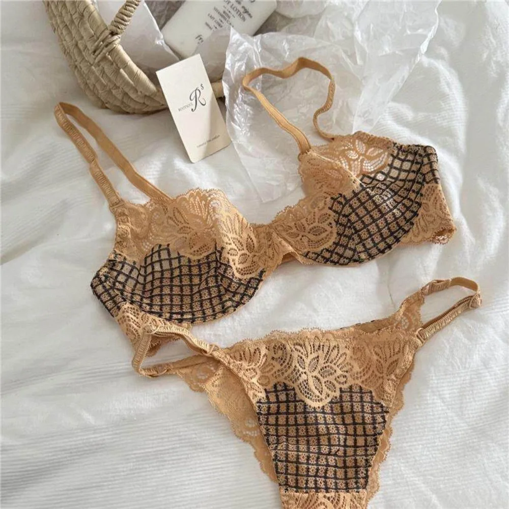 French Style Plaid Embroidery Mesh Women Lingerie Set Soft Underwire Minimizer Bra Panties Push Up Support Intimates 32-38セクシーな