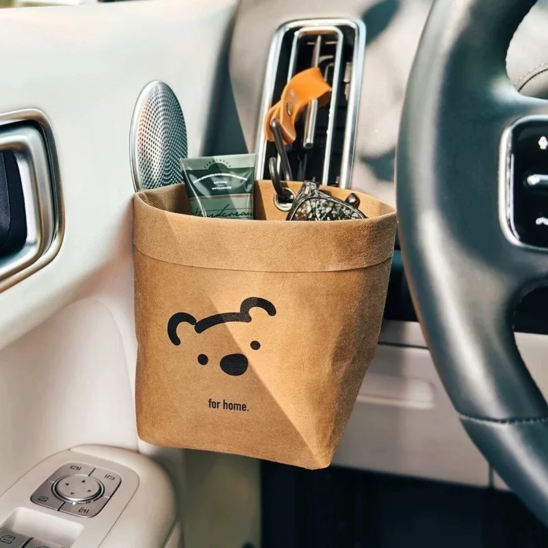 Car Outlet Storage Bucket Washable Kraft Paper Trash Bag Hanging Garbage Pouch Auto Interior Organizer Accessory