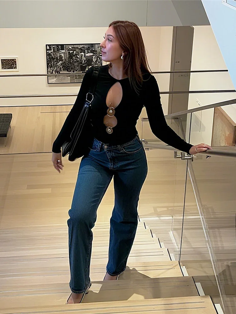 Sisterlinda Sexy Hollow Crop Top Donna Anello in metallo irregolare O-Collo Manica intera Elegante semplice elasticizzato Skinny Basic Streetwear