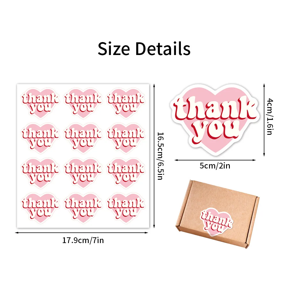 120 Pcs/pack Pink Heart Shaped Thank You Stickers for Small Business Gift Box Packaging Decor