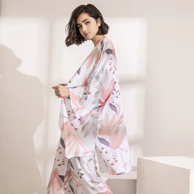 SPRING FALL Ladies Sleepwear Floral Printed HOT SELLING 3Pcs Soft Pajama Set For Pink Leaves Cardigan+Camisole+Pants Homewear