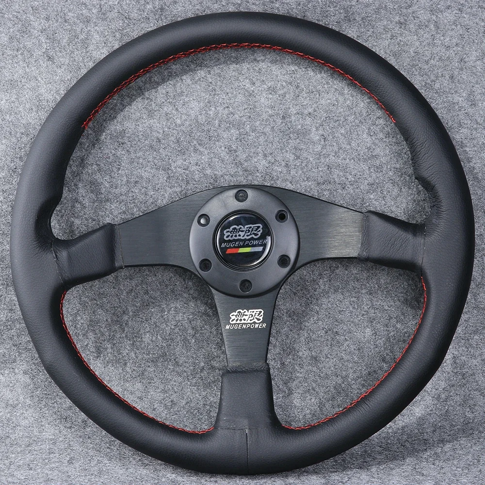 350mm 14inch Mugen Sport Steering Wheel Genuine Leather with Red Stitching Racing Car Tuning Drift