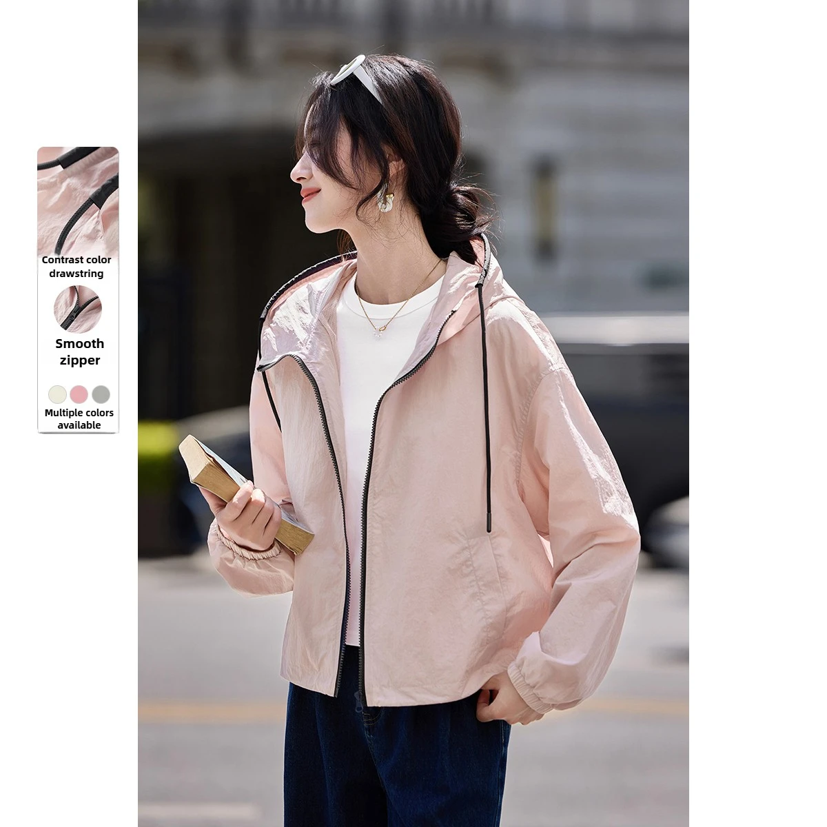 سترة صيفية عصرية للسيدات من SENTUBILA لعام 2025 سترة غير رسمية بقلنسوة وأكمام طويلة وردية اللون ملابس نسائية W52WB1845 #1