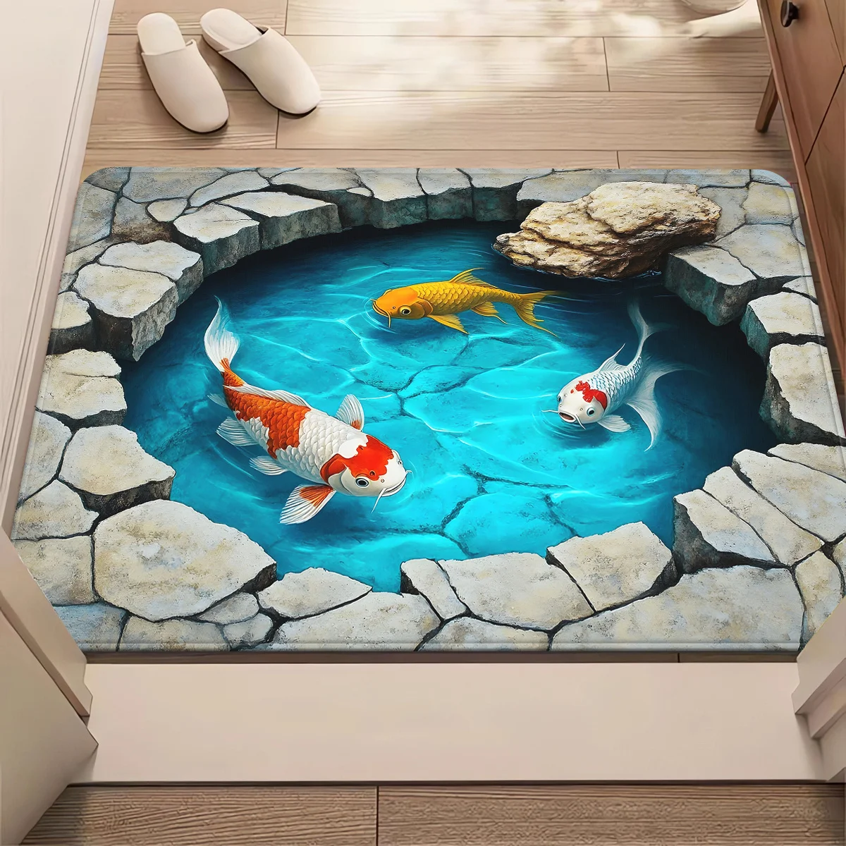 2D Flat, 2D Flat, 1pc 2D Optical Illusion Koi Fish Bath Mat Slip Resistant And Absorbent Polyester Floor Mat, Featuring Vibran