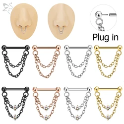 ZS 1PC 16G Double Chain Nose Ring Segment Septum Piercing Clicker 316L Stainless Steel Nose Ring Silver Color Cartilage Earring