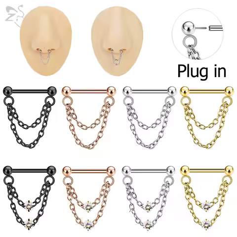 ZS 1PC 16G Double Chain Nose Ring Segment Septum Piercing Clicker 316L Stainless Steel Nose Ring Silver Color Cartilage Earring