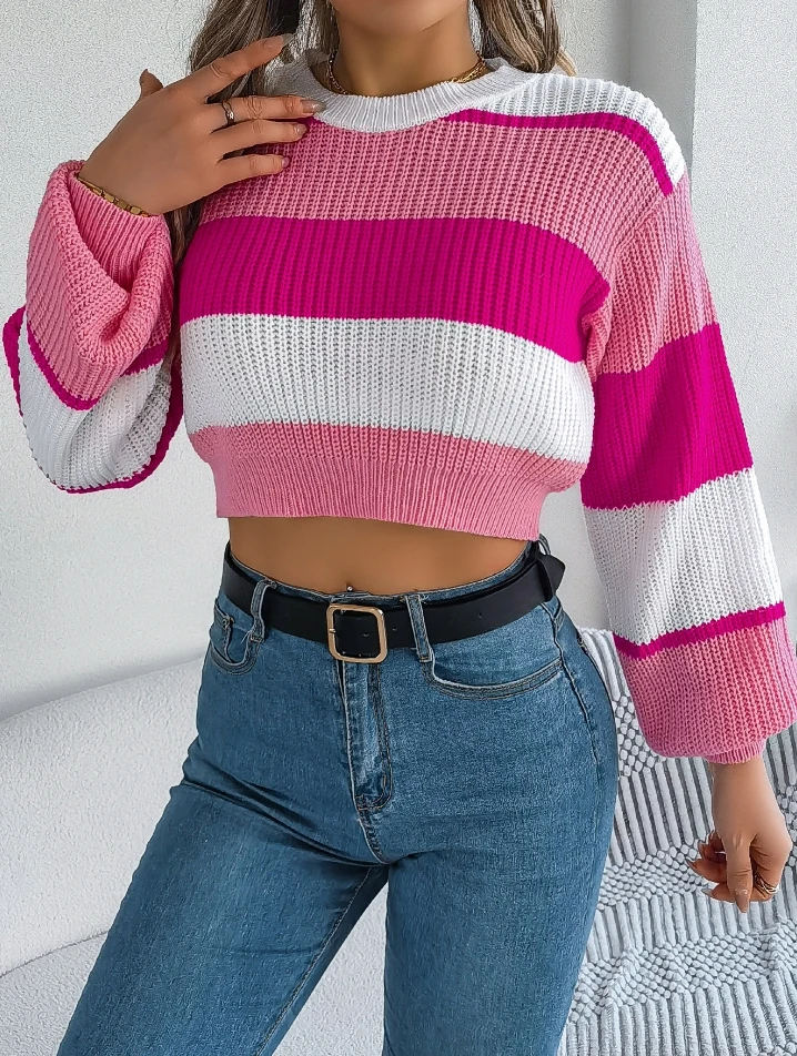 

Sweet Women's Sweater Knitted Temperament Commuting Trendy Winter Casual Rainbow Colorblock Lantern Long Sleeves Tops Sweater