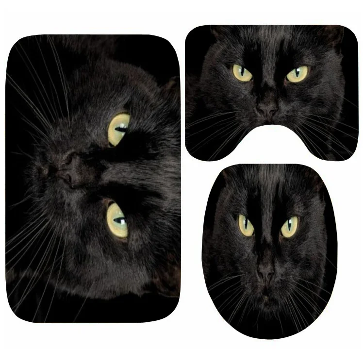 

3D Black Cat Bathroom Bath Mat Set 3PCS Black Cat Mat for Toilet Seat Lid Cover Non Slip Cats Shower Floor Carpet Rug Home Decor