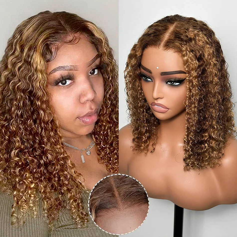 

Bob Wig Human Hair Highlight 5X5 Hd Lace Closure Wig Curly Short 427 Honey Blonde Colored Glueless Deep Wave Wig For Black Women