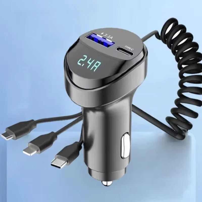 55W 2 Ports USB Fast Car Phone Charger 3.1A with Voltage Display Retractable Charging Cable 3 in 1 for Samsung Xiaomi iPhone