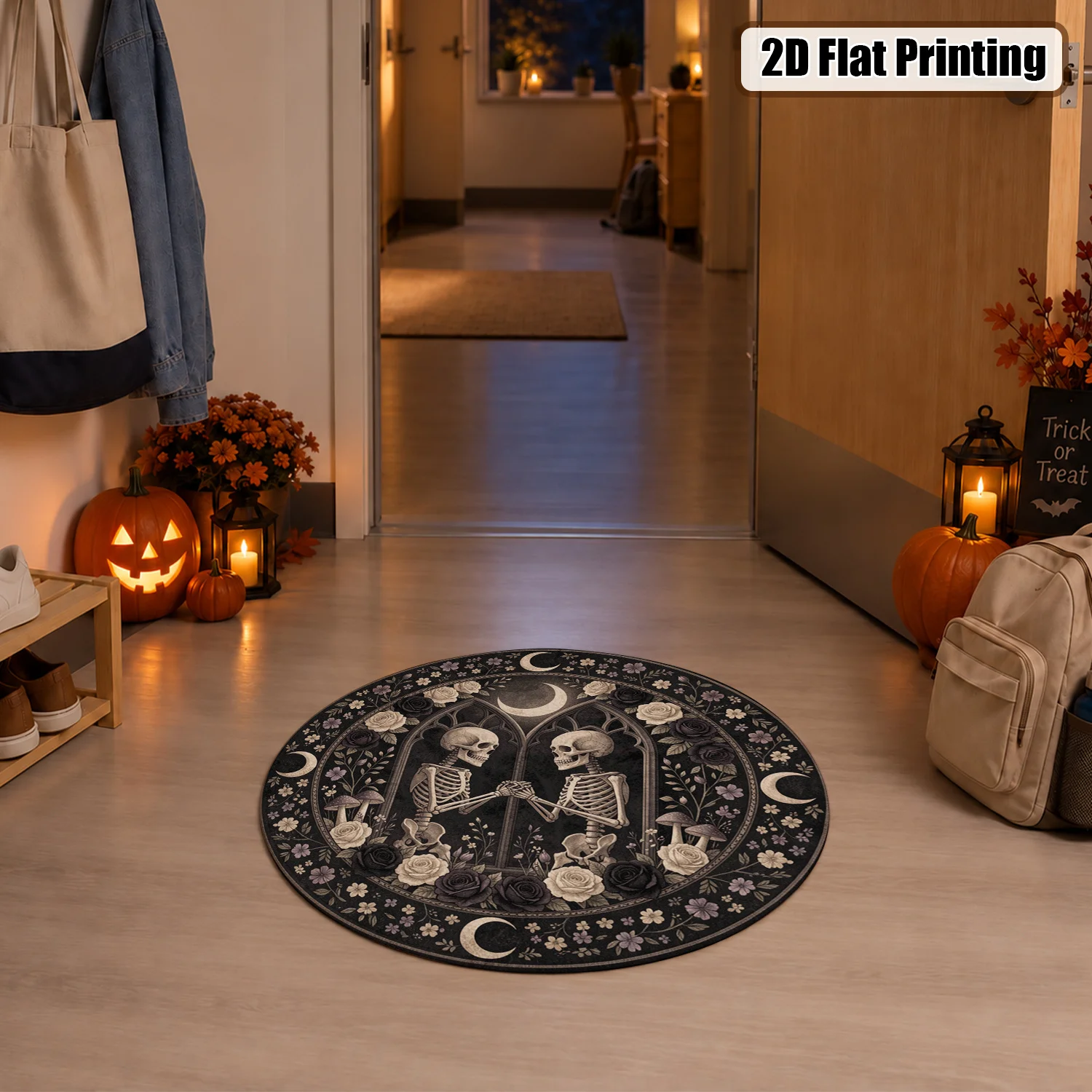 Gothic Skeleton Couple Moon Floral Round Rug, Velvet Fabric, Machine Washable, Soft Floor Mat for Living Room, Bedroom, Entryway, Dining Room, Ideal for Halloween, Thanksgiving, Black Friday, Christmas, New Year Holiday Decoration