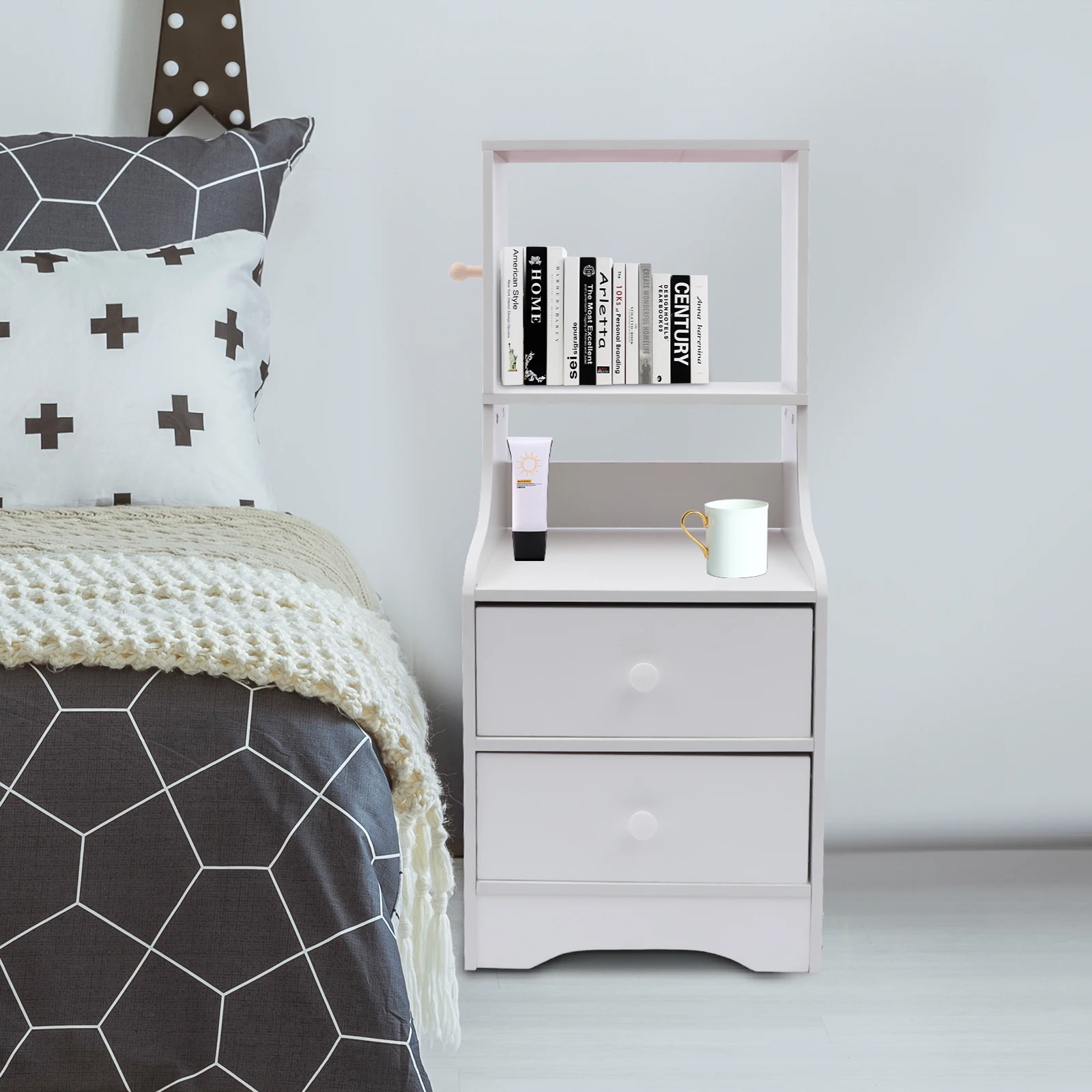 CNCEST 2-Tier Bedside Tables Bed Side Table/Night Stand End Table Side Table with Peg and Baffle to Place Cups Books Alarm Clock