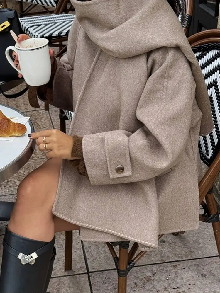 Casual Khaki Scarf Collar Jackets Fashion Loose Button Double Pocket Wool Blend Coat Women Elegant Demi-season Street Outcoat