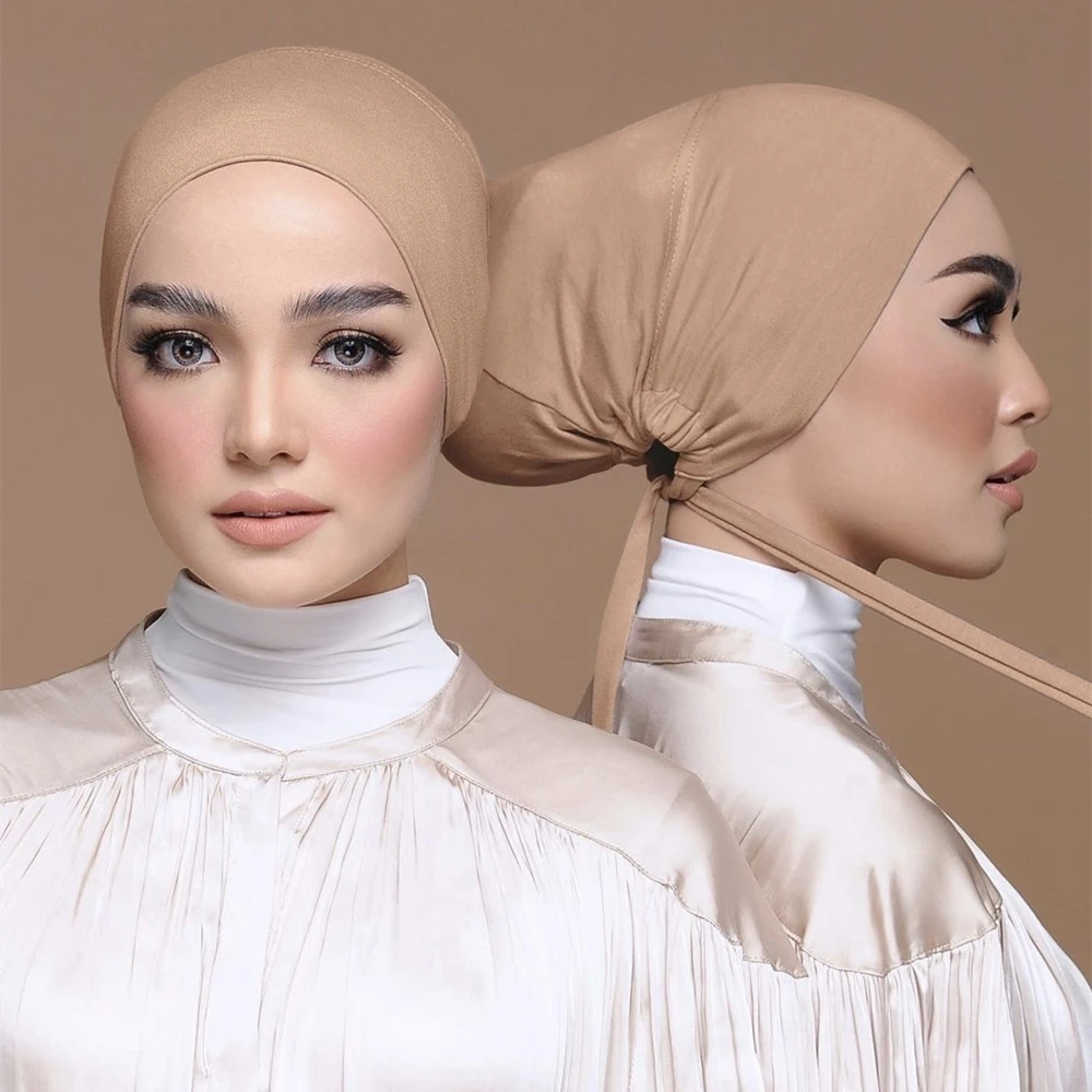 Elastic Cotton Underscarf Solid Tie Rope Hijab Hat Adjustable Islamic Bottom Cap For Women Inner Cap Muslim Turban Headband