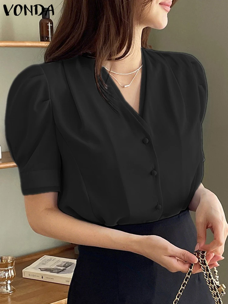 Camisas elegantes 2025 VONDA, Tops de manga corta para mujer, Túnica holgada informal con cuello en V, Blusas de trabajo de oficina con botones, Tops de Color sólido
