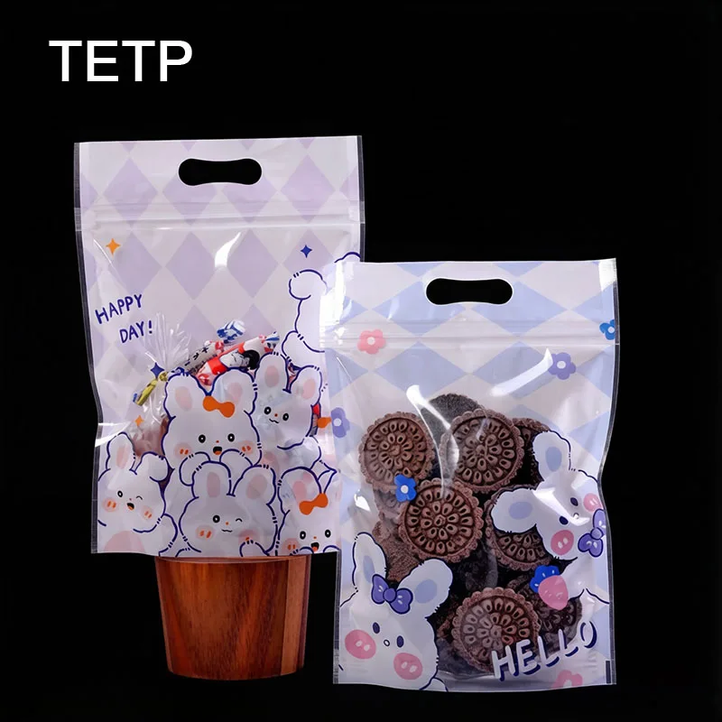 

TETP 50Pcs Stand Up Cartoon Ziplock Bags With Handle Handmade DIY Cookies Candy Lollipop Marshmallow Packaging Storage Sealed