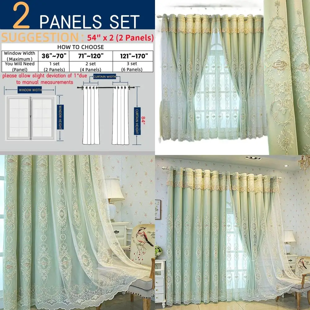 

Green 3D Flower Embroidered Double Layer Curtains with Valances, 54x84 Inch