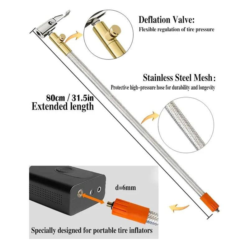 AA01-Extended Portable Air Compressor Tire Inflator Replacement Hose With Stainless Steel Mesh For Protection, Air Pump Tube, Du
