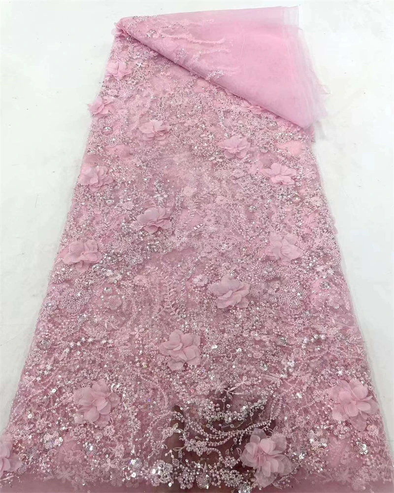 Pink French 3D Beaded Tulle Lace Fabrics 2024 High Quality African Groom Lace Fabrics Luxury Sequins For Evening Dress