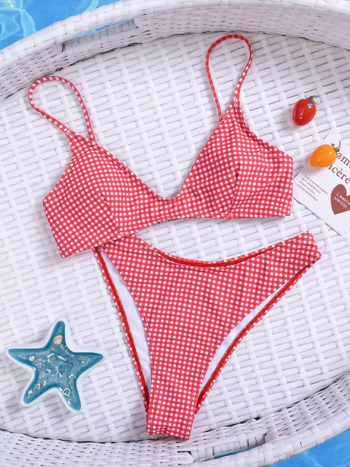 Vzvn Sexy High Waist Grid Bikini Set Women Split Swimsuit Beach Vacation Bikini 2026 New All Season Backless Bikinis 2 Piece Set