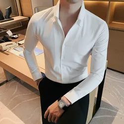 Men Dress Shirt Fashion Long Sleeve Business Social Shirt Male Solid Color Button Down Collar Work White Black Shirt 4XL