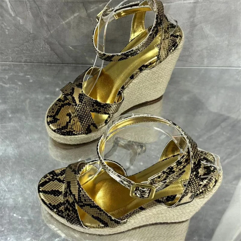 Golden Snake Skin Platform High Heels Sandals Women Wedges Heel Banquet Shoes Handmade High Quality Big Size 42 Brand Design